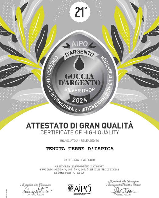 Attestato di Gran Qualita Goccia d'Argento AIPO 2024 - Tenuta Terre d’Ispica - Azienda agricola biologica. Olive, uliveto, ulivi e carrubi